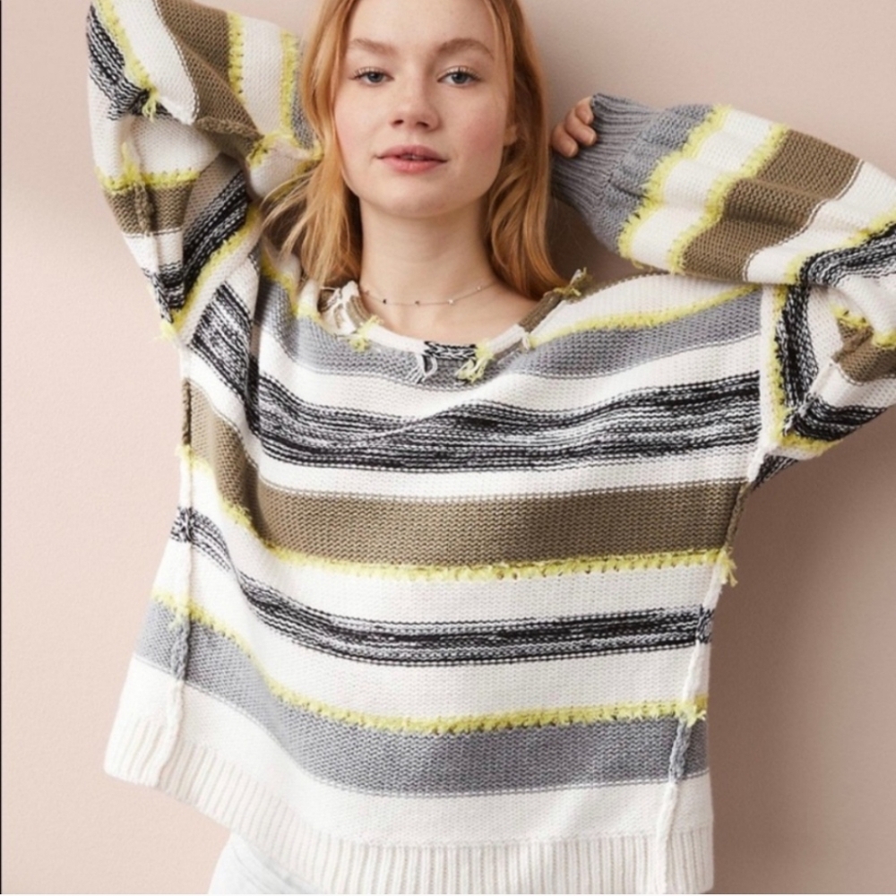 Lou & Grey Womens Oversized Ballon Sleeve Scoop Neck Striped Boho Sweater sz S
